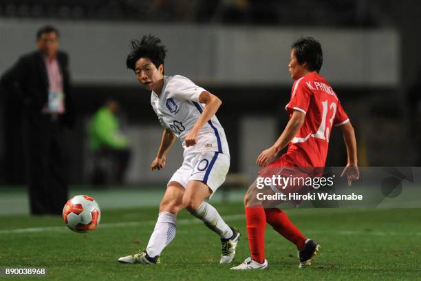 Kim Hyeri of South Korea and Kim Phyong Hwa of North Korea compete for the ball during the EAFF E-1 Women's Football Championship between North Korea...