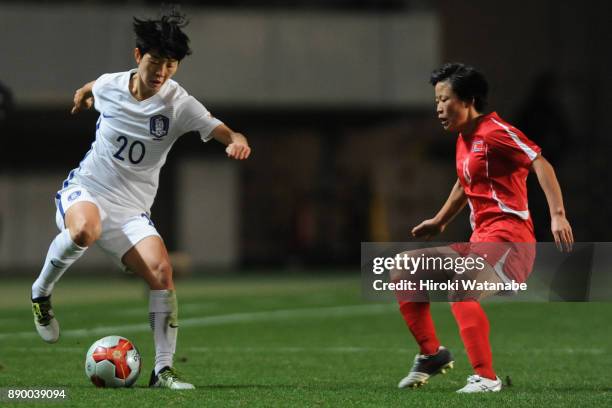 Kim Hyeri of South Korea takes on Kim Phyong Hwa of North Korea during the EAFF E-1 Women's Football Championship between North Korea and South Korea...