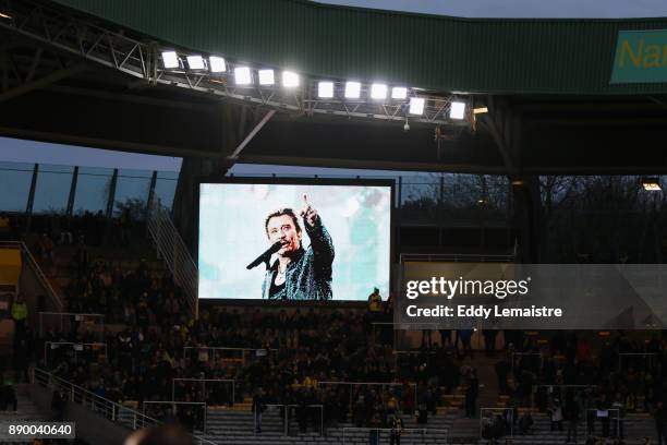 Tribute to the singer Johnny Hallyday in the stadium of Nantes during the Ligue 1 match between Nantes and OGC Nice at Stade de la Beaujoire on...