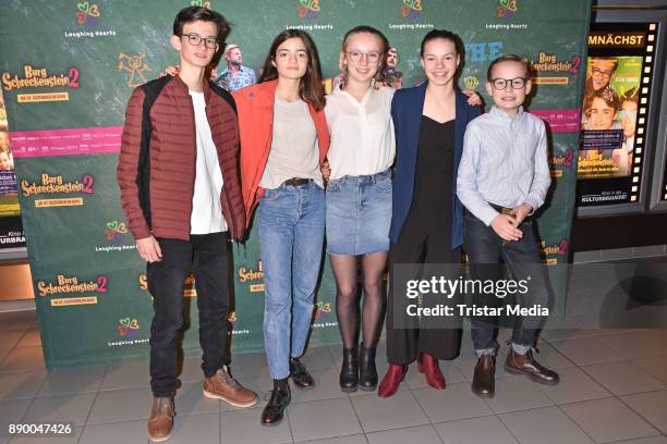 Eloi Christ, Nina Goceva, Paula Donath, Mina Ruefferm and Caspar Krzysch attend the 'Burg Schreckenstein 2' premiere on December 10, 2017 in Berlin,...