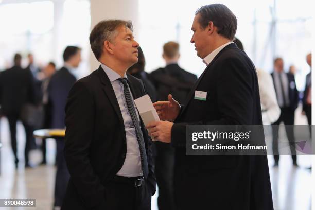 Marketing director Denni Strich talks to Tom Eilers prior to the Extraordinary DFB Bundestag at Messe Frankfurt on December 8, 2017 in Frankfurt am...