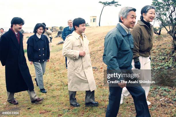 Emperor Akihito, Empress Michiko, Crown Prince Naruhito, Prince Akishino and Princess Kiko of Akishino are seen outside the Hayama Imperial Villa on...