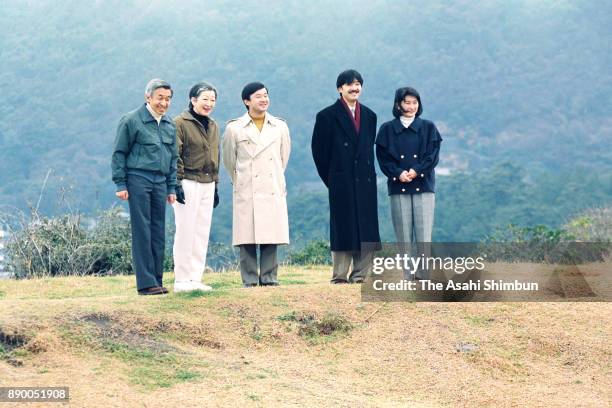 Emperor Akihito, Empress Michiko, Crown Prince Naruhito, Prince Akishino and Princess Kiko of Akishino are seen outside the Hayama Imperial Villa on...