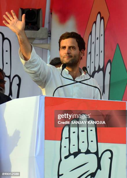 In this photograph taken on May 5 Indian Congress President Rahul Gandhi addresses an election rally in Allahabad. India's opposition Congress party...