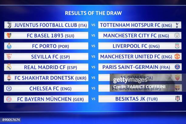 Picture shows a screen displaying the fixtures after the draw for the round of 16 of the UEFA Champions League football tournament at the UEFA...