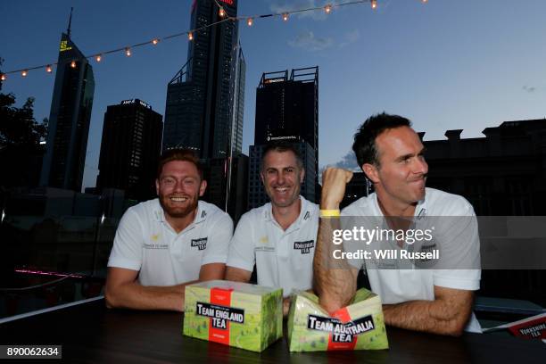 Jonny Bairstow, Simon Katich and Michael Vaughan pose before the Yorkshire Tea's Big Cricket Quiz with a diffewrence at Prince Lane on December 11,...