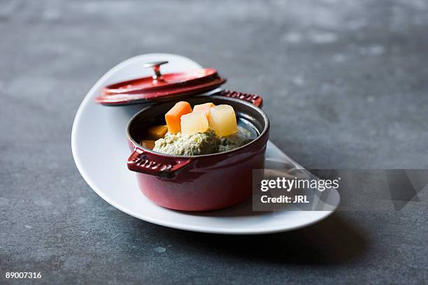 pot-au-feu with chicken meatballs and vegetables - pot au feu stock-fotos und bilder