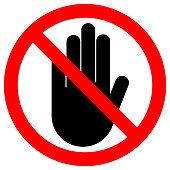 NO ENTRY sign. Stop palm hand icon in crossed out red circle. Vector