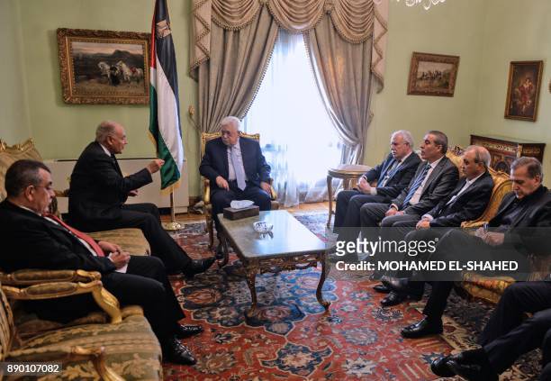 Arab League Secretary General Ahmed Aboul Gheit meets with Palestinian president Mahmud Abbas in the presence of Palestinian Foreign Minister Riyad...
