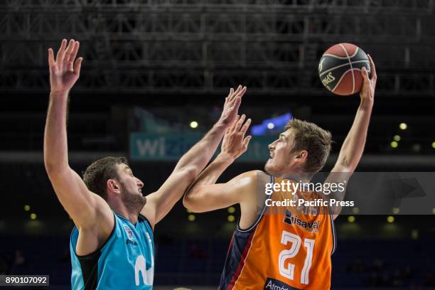 Tibor Pleiss and Goran Suton during Movistar Estudiantes victory over Valencia Basket Club in Liga Endesa regular season game celebrated in Madrid at...