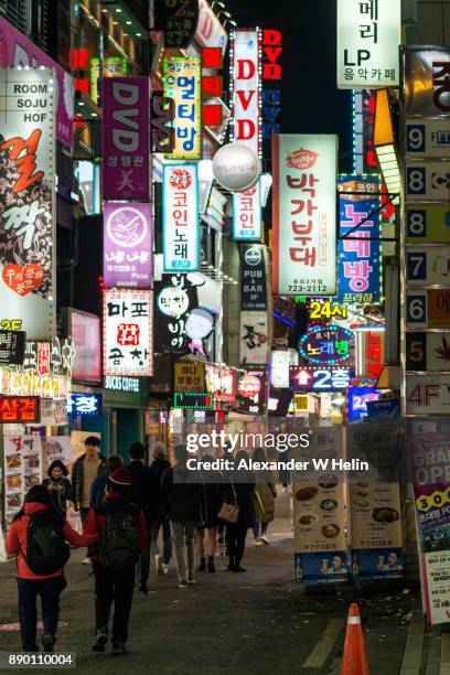 neon lights - korean language stock pictures, royalty-free photos & images