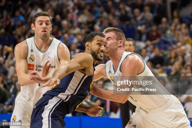 Sadiel Rojas and Dino Radoncic during Real Madrid victory over UCAM Murcia in Liga Endesa regular season game celebrated in Madrid at Wizink Center....