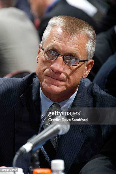 General Manager Paul Holmgren of the Philadelphia Flyers looks on during the second day of the 2009 NHL Entry Draft at the Bell Centre on June 27,...