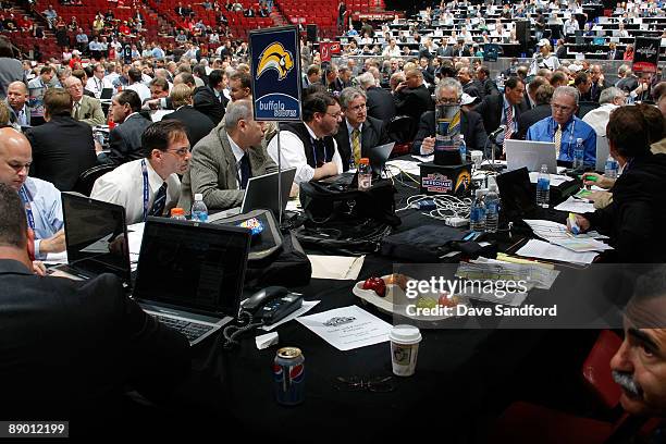 General view of the Buffalo Sabres draft table during the second day of the 2009 NHL Entry Draft at the Bell Centre on June 27, 2009 in Montreal,...