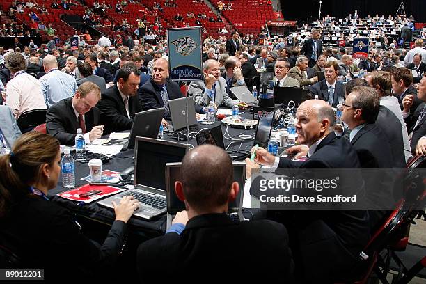 General view of the Nashville Predators draft table during the second day of the 2009 NHL Entry Draft at the Bell Centre on June 27, 2009 in...