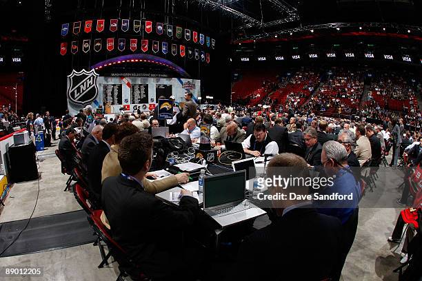 General view of the Buffalo Sabres draft table during the second day of the 2009 NHL Entry Draft at the Bell Centre on June 27, 2009 in Montreal,...