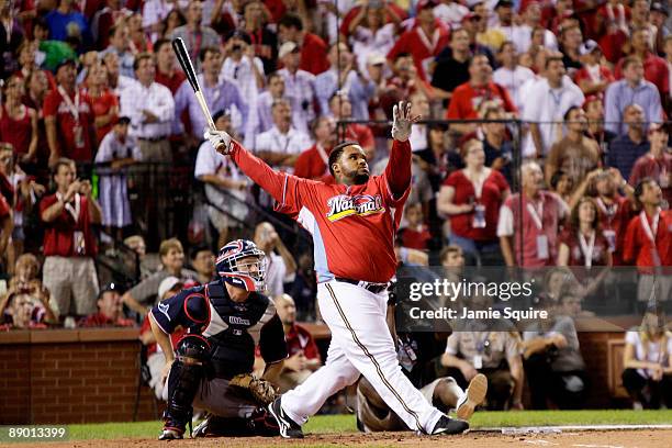 National League All-Star Prince Fielder of the Milwaukee Brewers competes in the third round on his way to winning the State Farm Home Run Derby at...