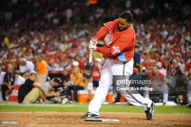 Prince Fielder of the Milwaukee Brewers bats during the final round of the 2009 State Farm Home Run Derby on July 13, 2009 at Busch Stadium in St....
