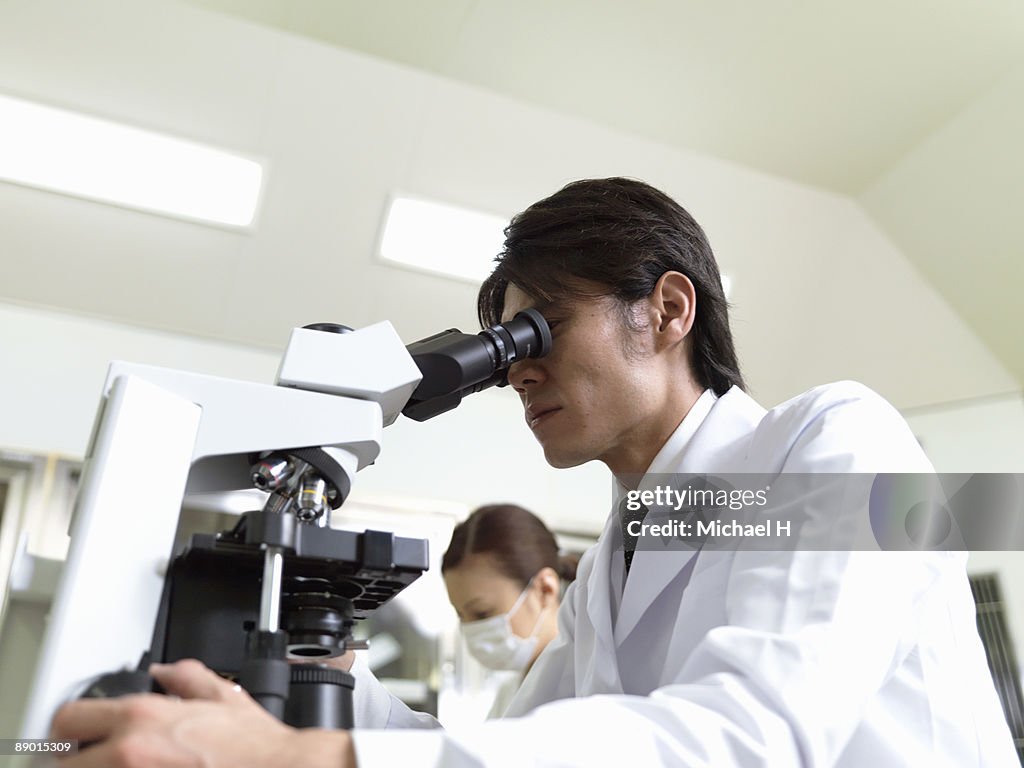 Researcher who looks through microscope