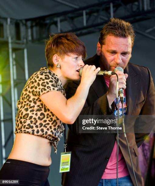Sara Petterson and Jamie Wortley of Kingsize Five perform on stage on the first day of Cornbury Festival on July 11, 2009 in Cornbury Park,...