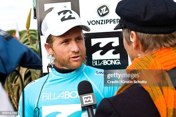 Wildcard surfer Sean Holmes of South Africa during a post heat win interview at the Billabong Pro on July 14, 2009 in Jeffreys Bay, South Africa.