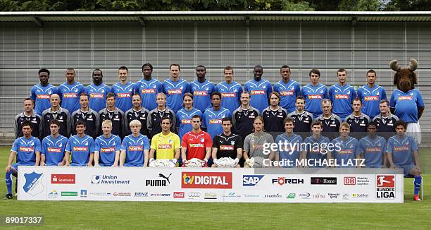 Players and team members of German first division Bundesliga football club TSG Hoffenheim pose for a group picture during the team presentation on...