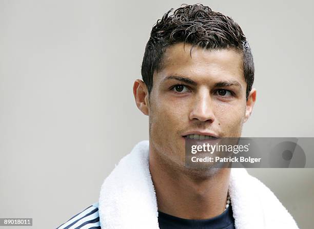 Cristiano Ronaldo looks on after the Real Madrid pre-season training camp at Carton House Hotel on July 14, 2009 in Kildare, Ireland.