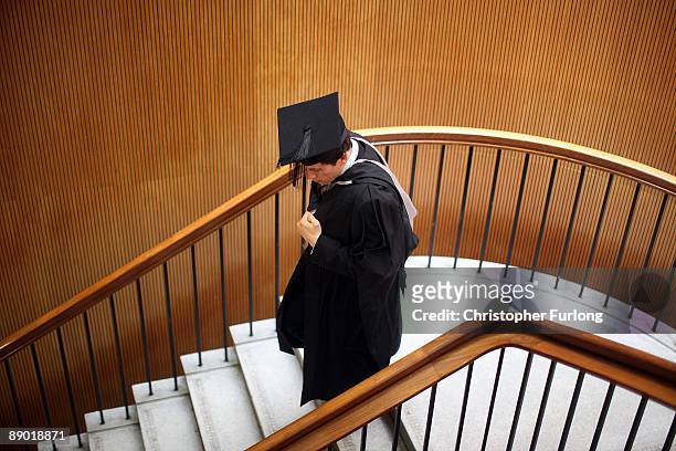 Student at the University of Birmingham walks down stairs during the University's degree congregations on July 14, 2009 in Birmingham, England. Over...