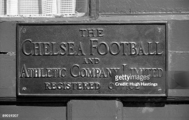 The old brass company nameplate on the front door of the main office at Chelsea FC at Stamford Bridge, in 1977 in London.