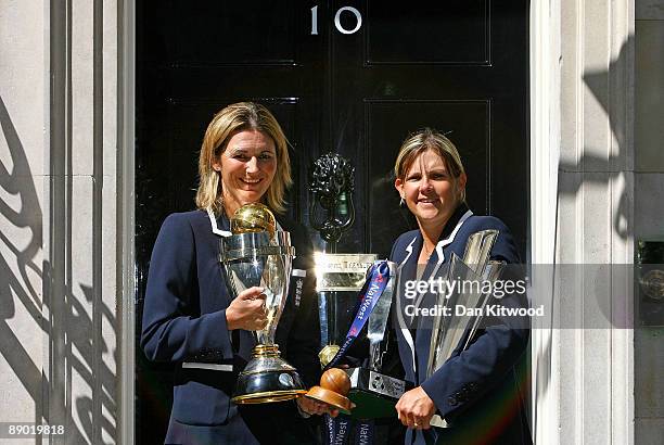 Captain Charlotte Edwards and Nicola Shaw of The England Women's Cricket Team pose for a photograph at Downing Street on July 14, 2009 in London,...