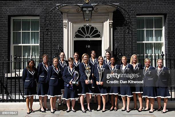 The England Women's Cricket Team pose for a photograph at Downing Street on July 14, 2009 in London, England. England retained the ashes with Captain...