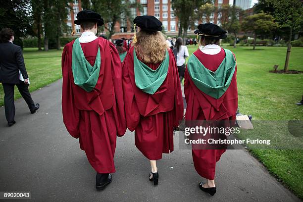 Students at the University of Birmingham take part in their degree congregations as they graduate on July 14, 2009 in Birmingham, England. Over 5000...