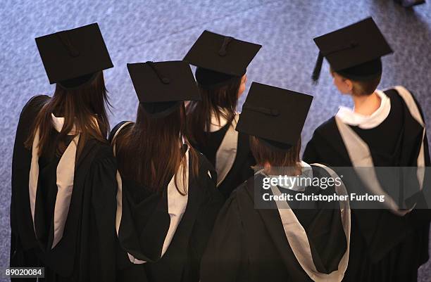 Students at the University of Birmingham take part in their degree congregations as they graduate on July 14, 2009 in Birmingham, England. Over 5000...