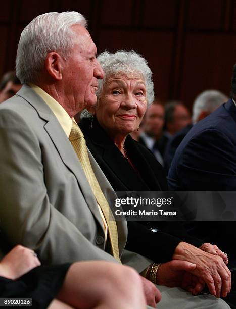 Supreme Court nominee Judge Sonia Sotomayor's mother, Celina Sotomayor, holds hands with her husband, Omar Lopez, during the second day of...