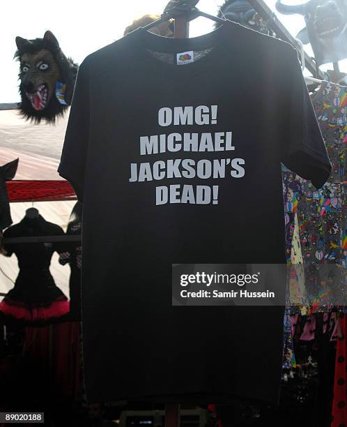 Michael Jackson t-shirt is put on sale the day after he was announced dead on day one of the Glastonbury Music Festival at Glastonbury Festival site...