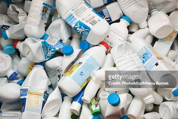 crushed plastic bottles, full frame - milk bottle photos et images de collection