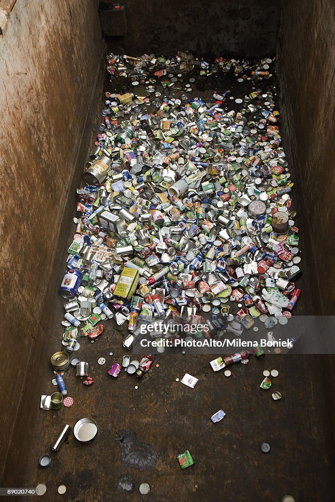 Aluminum cans in large recycling bin