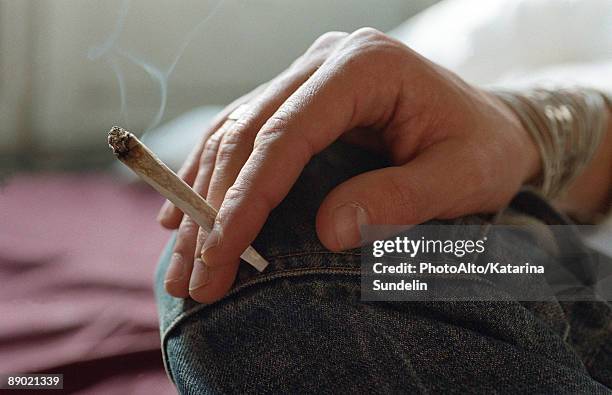 hand holding smoking joint - marijuana joint imagens e fotografias de stock