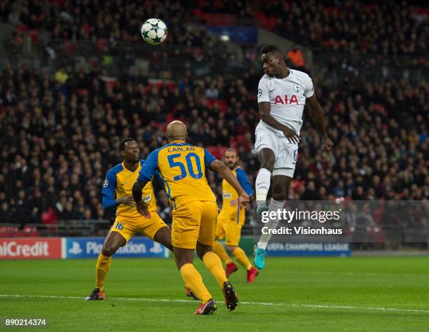 Davinson Sánchez of Tottenham Hotspur heads for goal during the UEFA Champions League group H match between Tottenham Hotspur and APOEL Nikosia at...