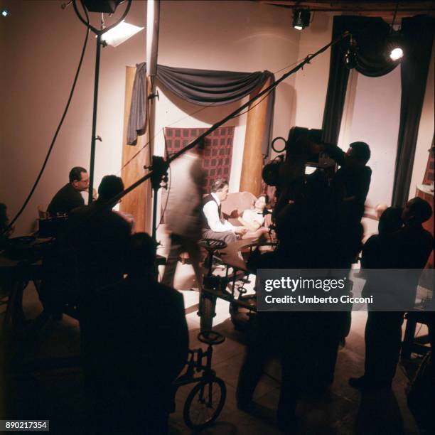 Italian actress Lea Massari during the audition for the movie 'La Dolce Vita' with actor Marcello Mastroianni and film director Federico Fellini,...