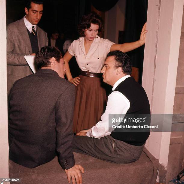 Italian actress Lea Massari during the audition for the movie 'La Dolce Vita' with actor Marcello Mastroianni and film director Federico Fellini ,...