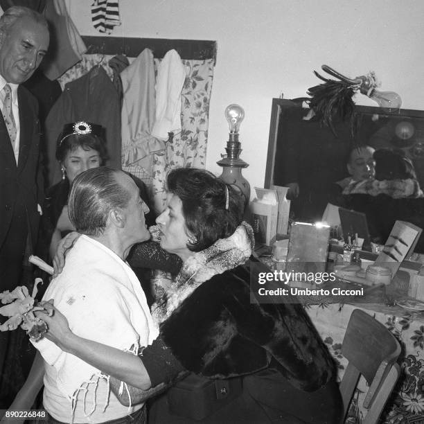 Italian actress Anna Magnani with Italian comedian Totò and film producer Remigio Paone at the Sistine Theater, Rome 1956.