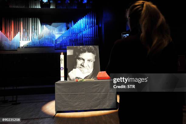 Portrait of the late Croatian general Slobodan Praljak is displayed at a commemoration ceremony honouring him in Zagreb on December 11 following his...