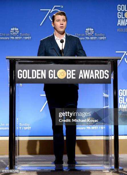 Actor Garrett Hedlund speaks during Moet & Chandon Toasts The 75th Annual Golden Globe Awards Nominations at The Beverly Hilton Hotel on December 11,...