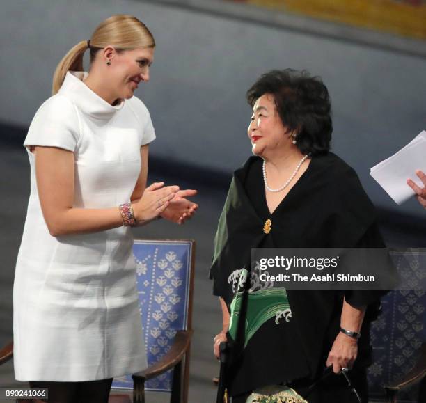 Setsuko Thurlow and Beatrice Fihn the Executive Director International Campaign to Abolish Nuclear Weapons , attend the Nobel Peace Prize ceremony at...