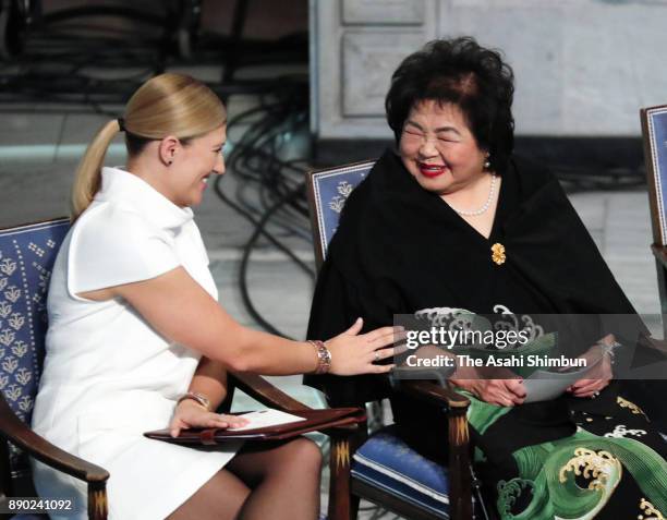 Setsuko Thurlow and Beatrice Fihn the Executive Director International Campaign to Abolish Nuclear Weapons , attend the Nobel Peace Prize ceremony at...