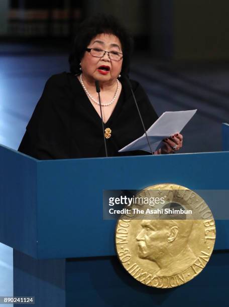 Bomb survivor Setsuko Thurlow addresses during the Nobel Peace Prize ceremony at the Oslo City Hall on December 10, 2017 in Oslo, Norway.