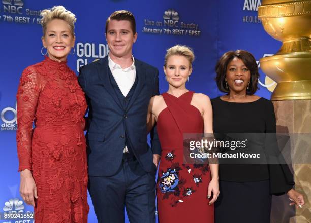 Actors Sharon Stone, Garrett Hedlund, Kristen Bell and Alfre Woodard attend Moet & Chandon Toasts The 75th Annual Golden Globe Awards Nominations at...