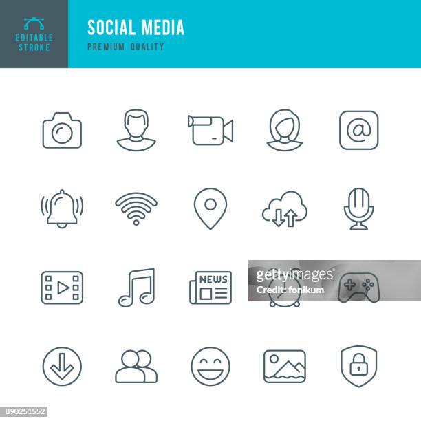 ilustraciones, imágenes clip art, dibujos animados e iconos de stock de los medios de comunicación social - conjunto de iconos de vector de línea delgada - alarm clock