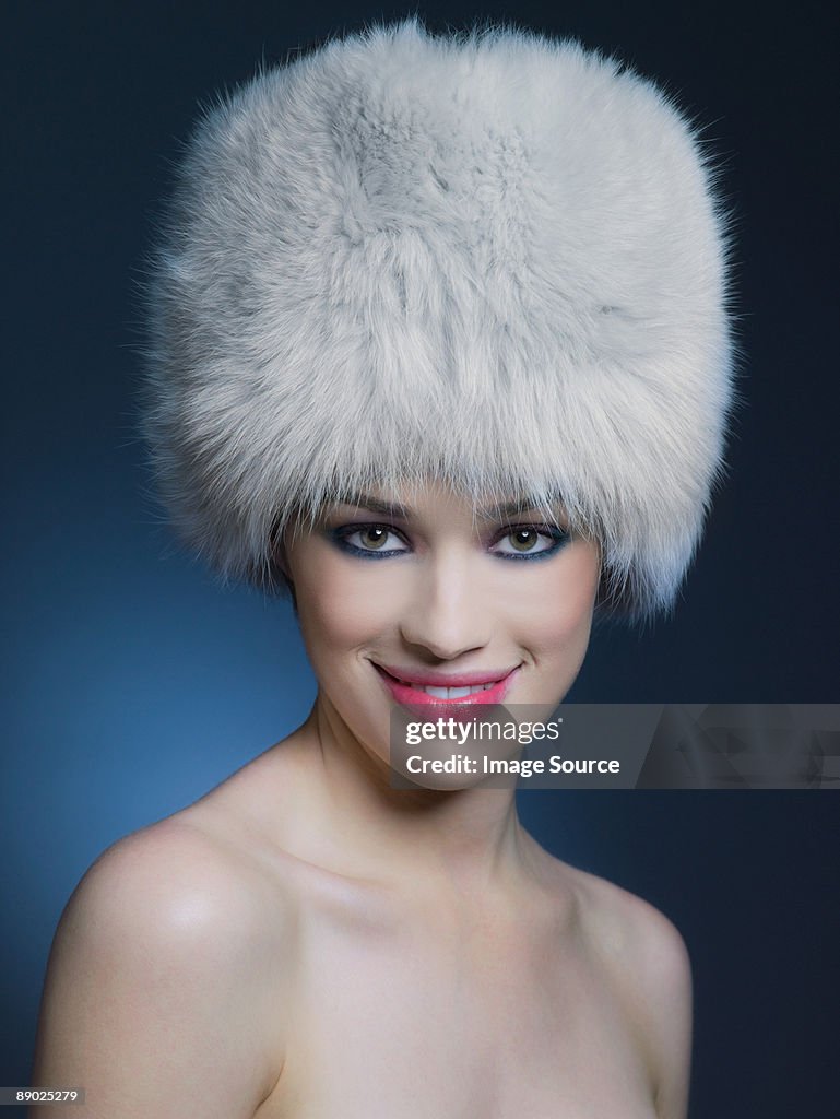 Woman wearing fur hat